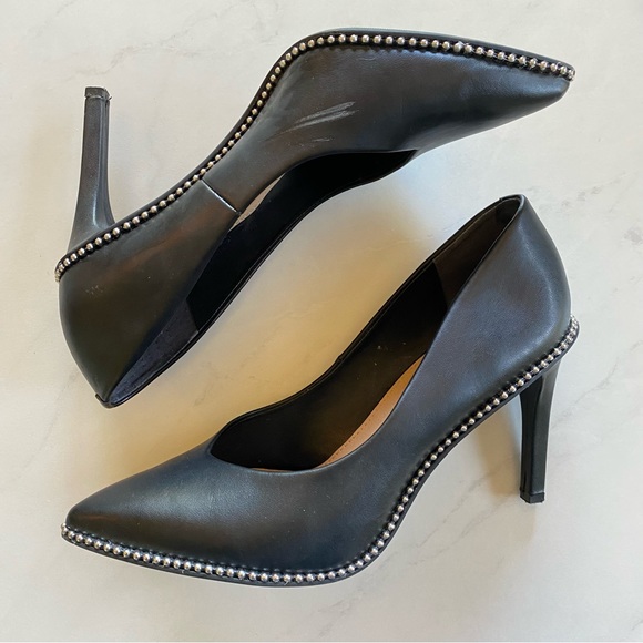 Bar III Black Binsa P Faux Leather Pointed Toe Heels Stilettos Silver Ball Trim - Picture 6 of 9